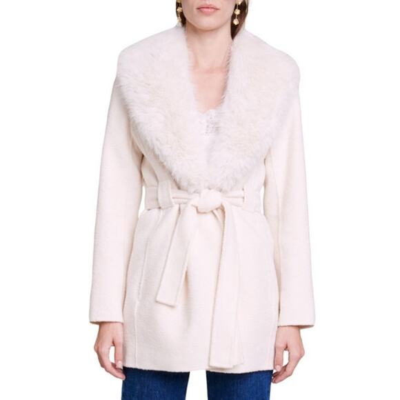Maje 'Galaxyo' White Faux Fur Collar Coat Size 4